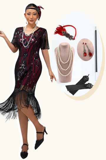 Borgonha Tight Fringed 1920s vestido com lantejoulas